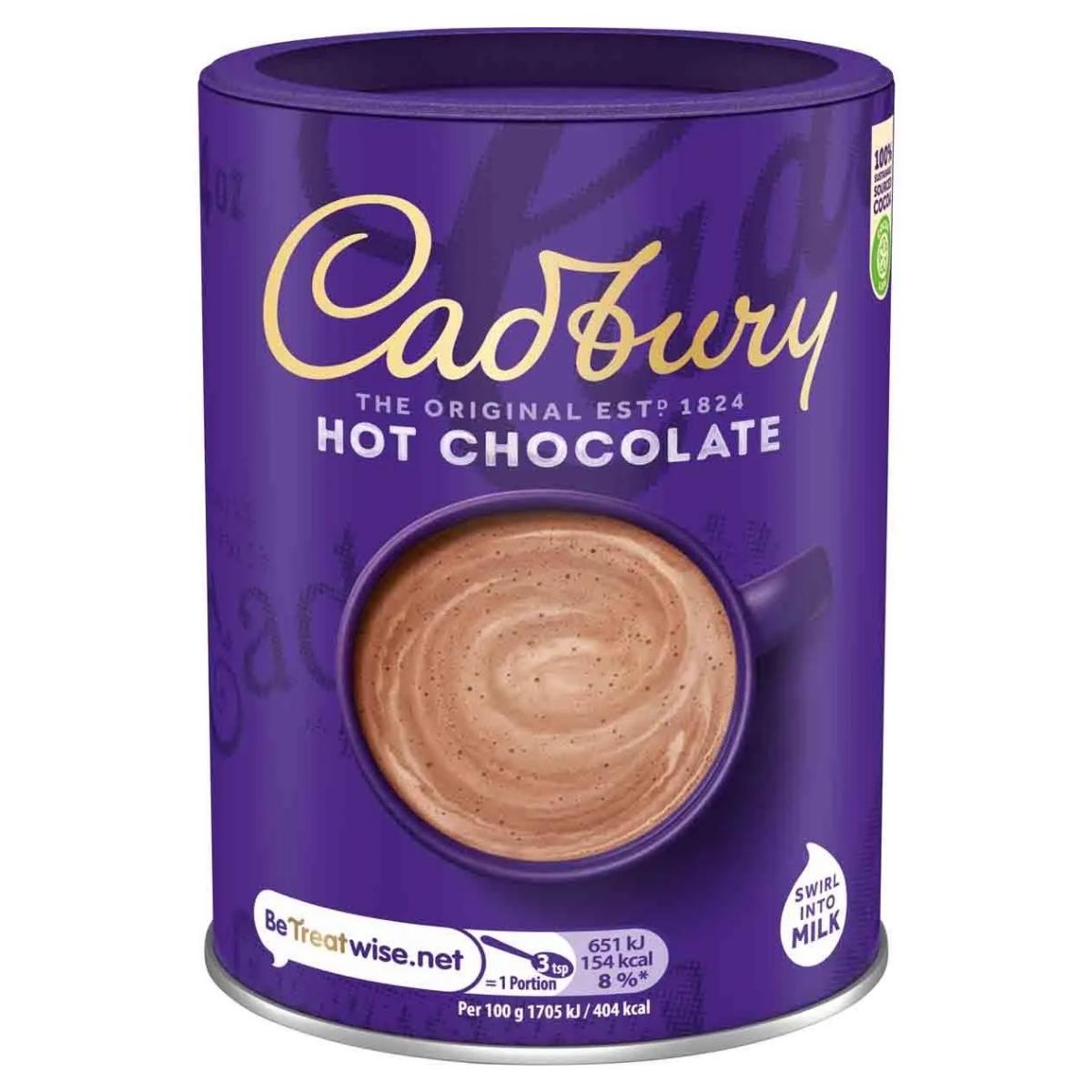 The Cadbury - Hot Chocolate - 250g tin, in its signature purple hue, features an image of a steaming cup of hot chocolate on the front, promising a creamy taste made from the finest cocoa.