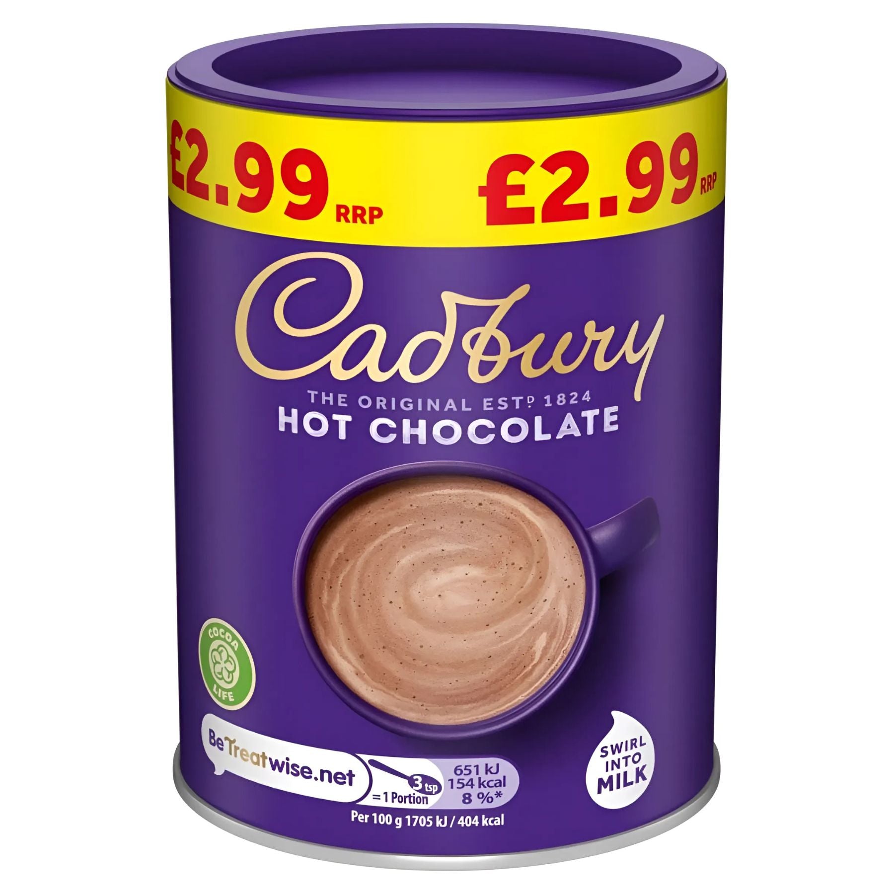 A 250g purple tub of Cadbury Hot Chocolate featuring a creamy drink in a mug on the label, priced at £2.99.