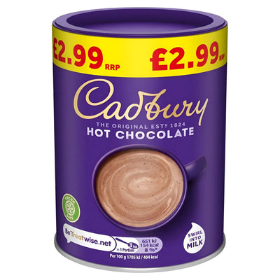 A 250g purple tub of Cadbury Hot Chocolate featuring a creamy drink in a mug on the label, priced at £2.99.