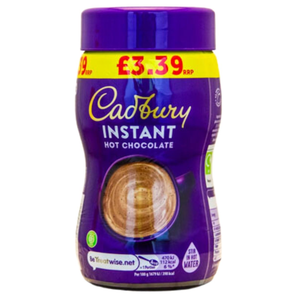 Experience the indulgence of Cadbury Instant Hot Chocolate packaged in a striking purple container with a clear window that reveals your chocolatey delight. Relish its rich flavor for only £3.39, perfect for those cozy moments!