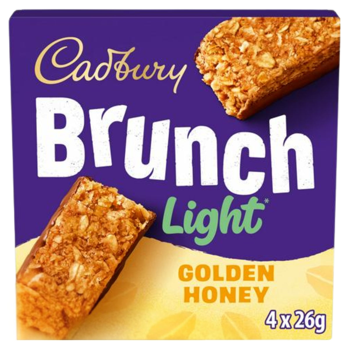 Pack of Cadbury Light Golden Honey Brunch cereal bars, featuring two bars and labeled as a pack of 4 x 26g by Cadbury.