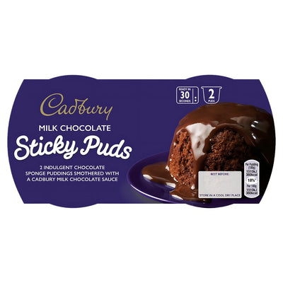 Cadbury Milk Chocolate Sticky Puds (2 x 95g) feature chocolate sponge puddings topped with rich chocolate sauce. The packaging highlights serving size, quick prep time, and storage instructions.