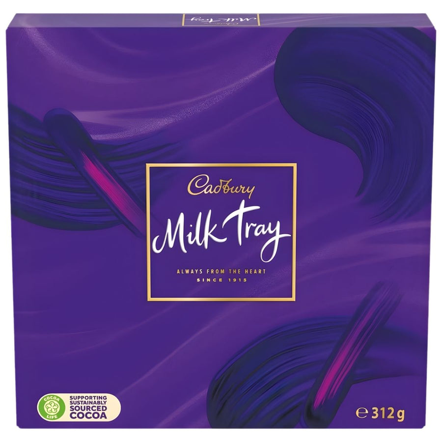 The Cadbury Milk Tray 312g box features Cadbury's signature purple and gold design, making it a perfect assorted milk chocolate gift for any occasion.