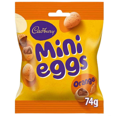 A 74g bag of Cadbury Mini Eggs Orange features orange-flavoured milk chocolate eggs with crisp shells and smooth centers, all from Cadbury.