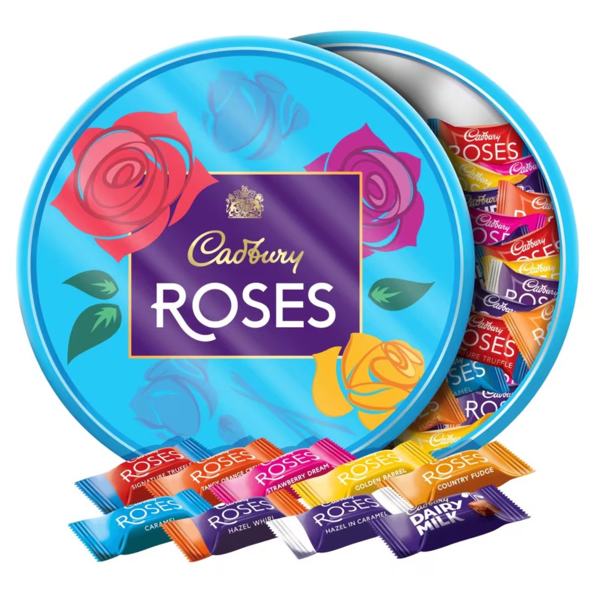 The classic tin of Cadbury Roses - 550g, featuring vibrant rose designs and the traditional logo, sits partially open with an irresistible assortment of Fairtrade chocolates cascading out.