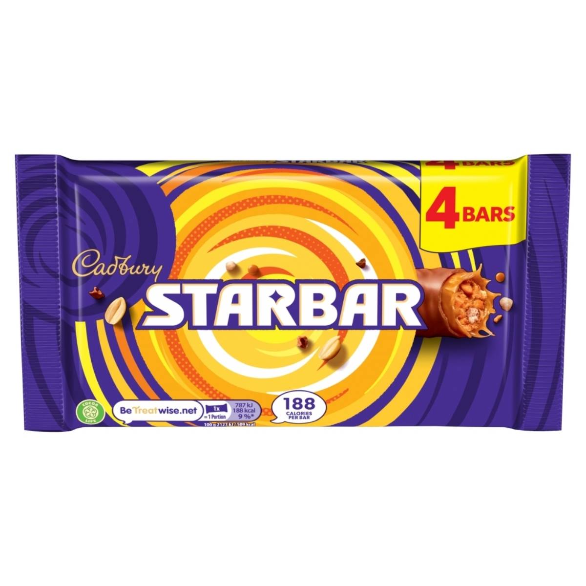 The Cadbury - Starbar Multipack (4 Bars) - 148g package showcases a purple and yellow design with an illustration of a peanut-filled chocolate bar in the corner, making it ideal for anyone longing for the creamy richness of peanut butter wrapped in tasty chocolate.