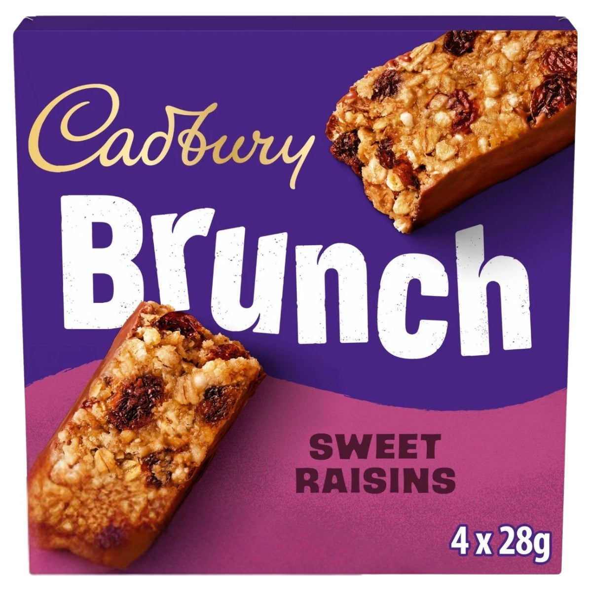 A box of Cadbury Sweet Raisins Brunch bars, displaying a picture of the oat and raisin snack with bold white lettering set against a purple background. The pack includes four 28g bars.