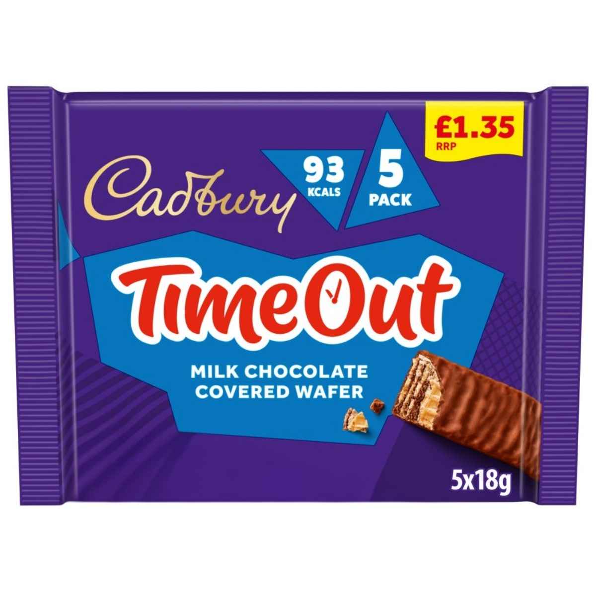 A 5-pack of Cadbury Timeout Chocolate Covered Wafer (5 x 18g), made with cocoa butter and wheat flour, contains 93 calories per bar and costs £1.35.