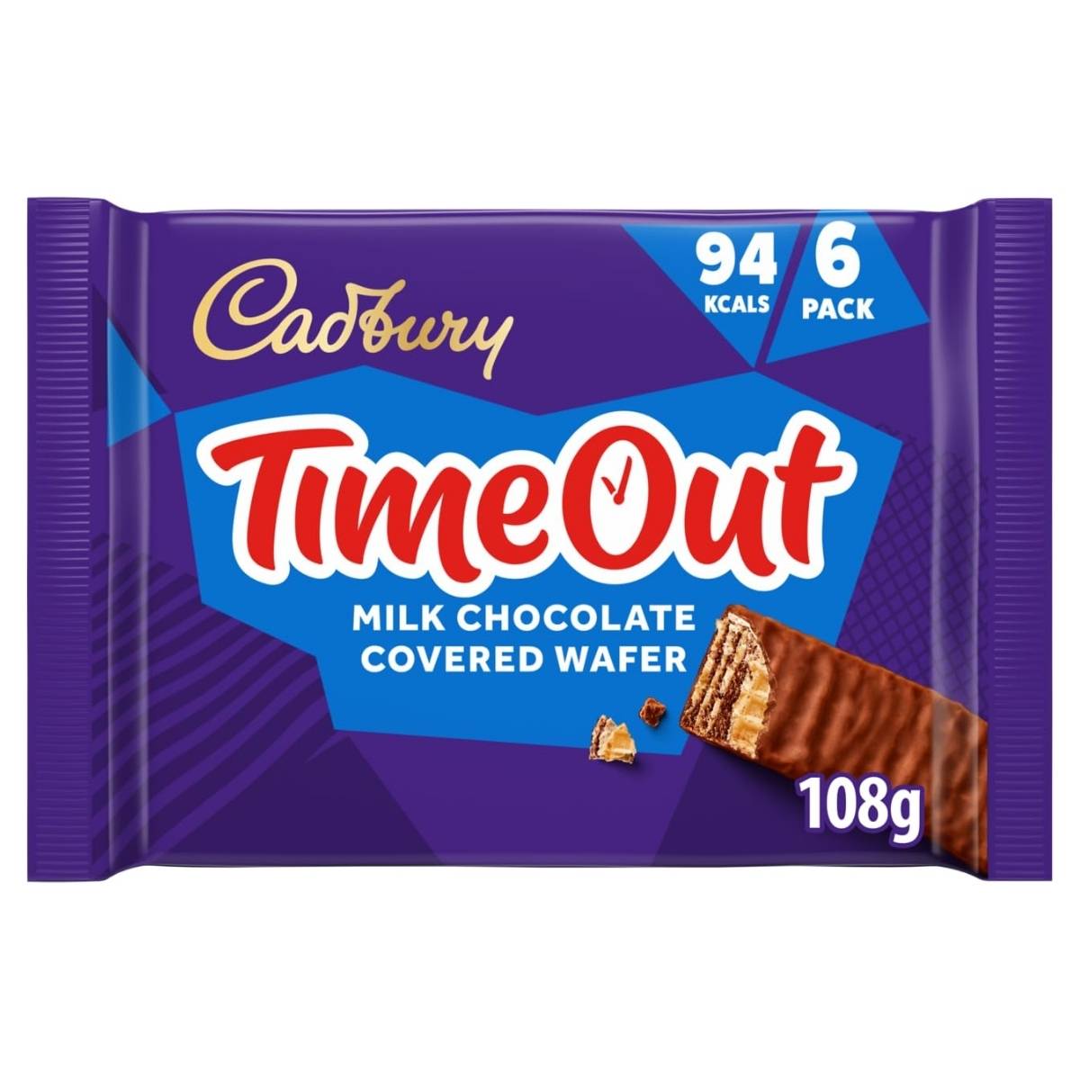 A Cadbury Timeout Chocolate Covered Wafer pack, 108g, includes six 18g bars with 94 calories each. The package showcases a purple design with the iconic red and white logo.