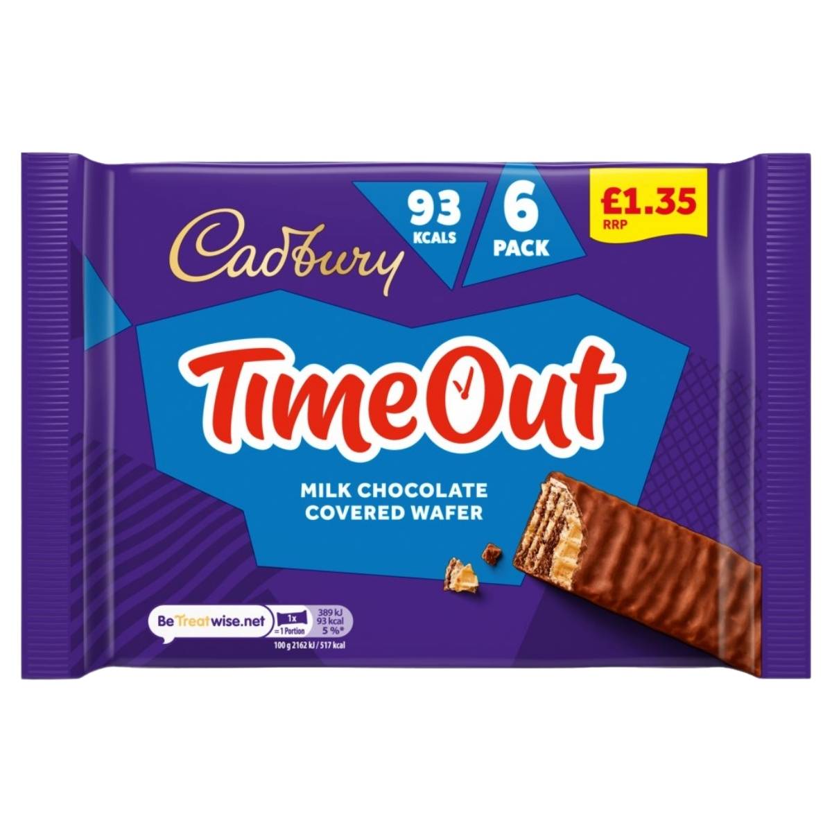 The Cadbury Timeout Chocolate Covered Wafer 6x18g pack features individually wrapped cocoa-filled wafers, just 93 calories per bar, and is recommended to retail at £1.35.