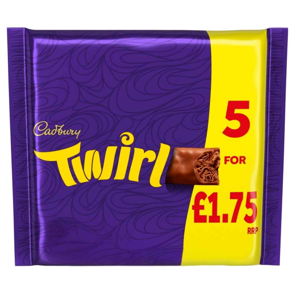 A Cadbury Twirl Chocolate Bar 5 x 21.5g multipack wrapper displays "5 for £1.75 RRP" in bold yellow and red text on a purple and yellow background.