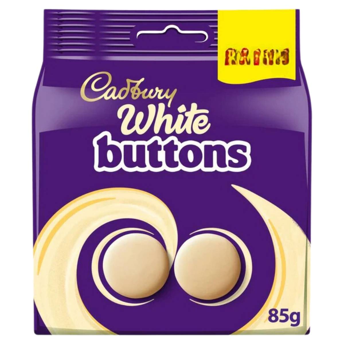 Cadbury - White Buttons Chocolate - 85g pack displaying two button-shaped chocolates against a purple background.