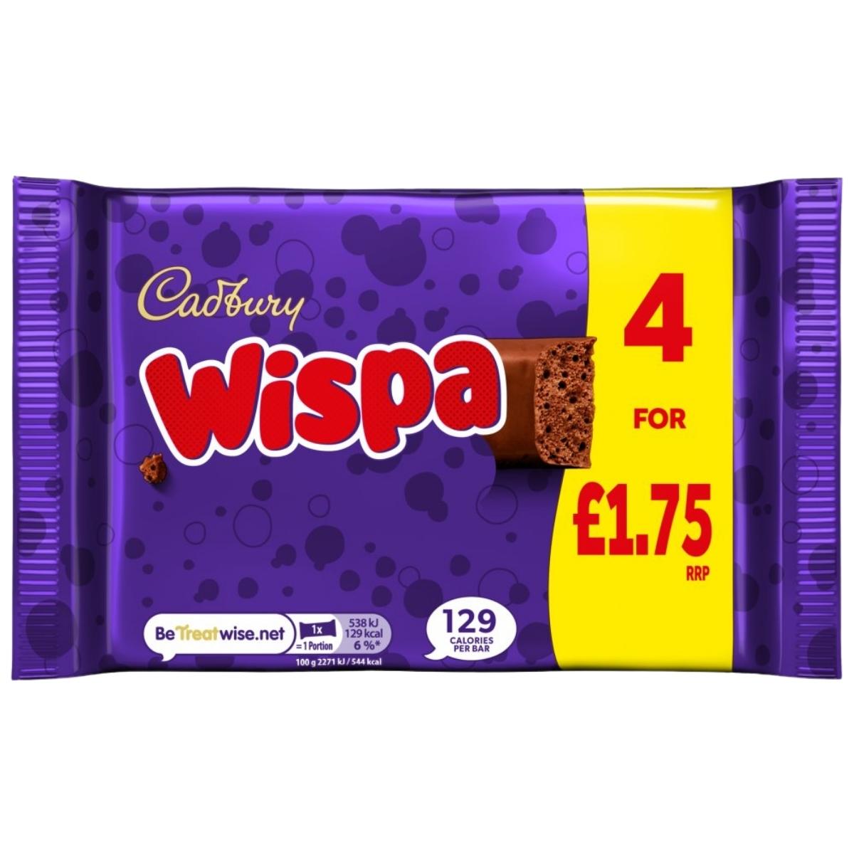 A pack of 4 Cadbury Wispa Chocolate Bars (4 x 23.7g) with smooth milk chocolate, featuring a purple and yellow wrapper labeled "4 for £1.75".
