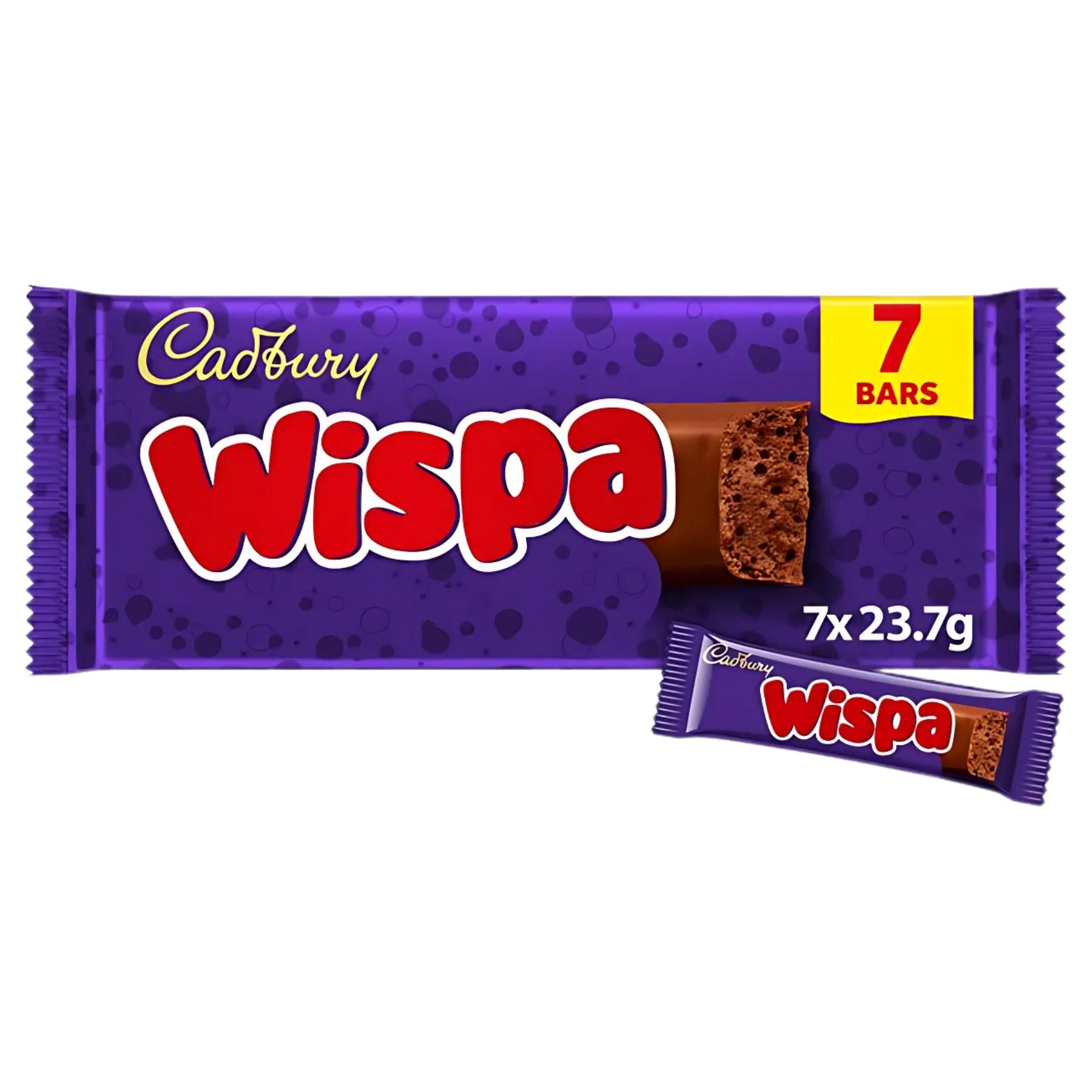A pack of Cadbury Wispa Chocolate Bars (7 x 23.7g) in purple packaging, featuring “7 bars” in a yellow box and an image highlighting the aerated chocolate texture.