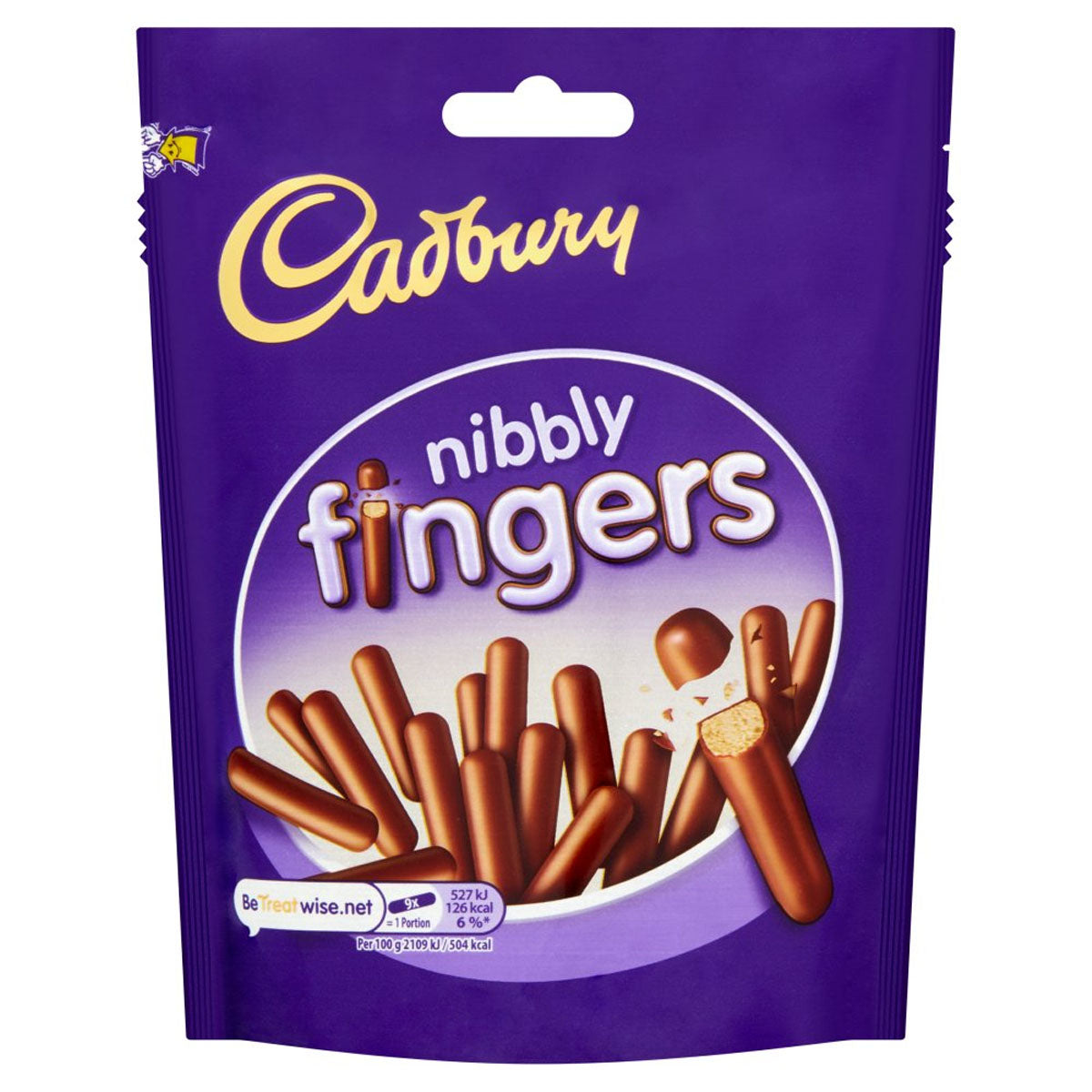A bag of Cadbury - Nibbly Chocolate Mini Fingers Biscuits - 125g on a white background.