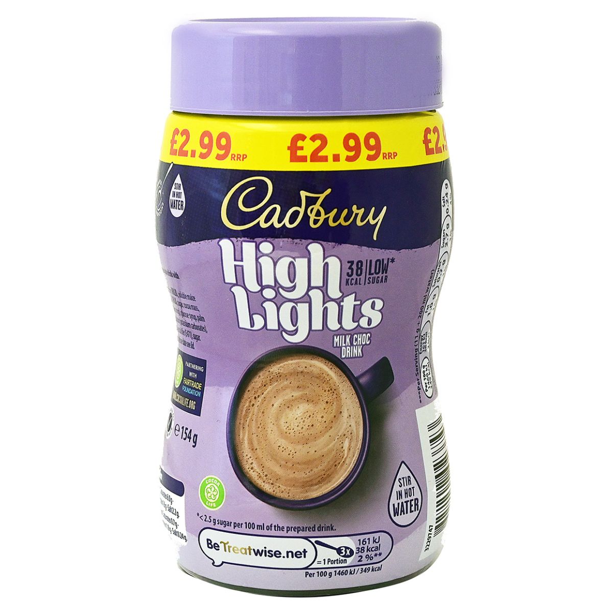 The Cadbury Highlights Milk Choc Drink 154g container is priced at £2.99 and features a delightful cup illustration on the front, perfectly embodying its rich chocolate flavor, ideal for satisfying your sweet cravings.