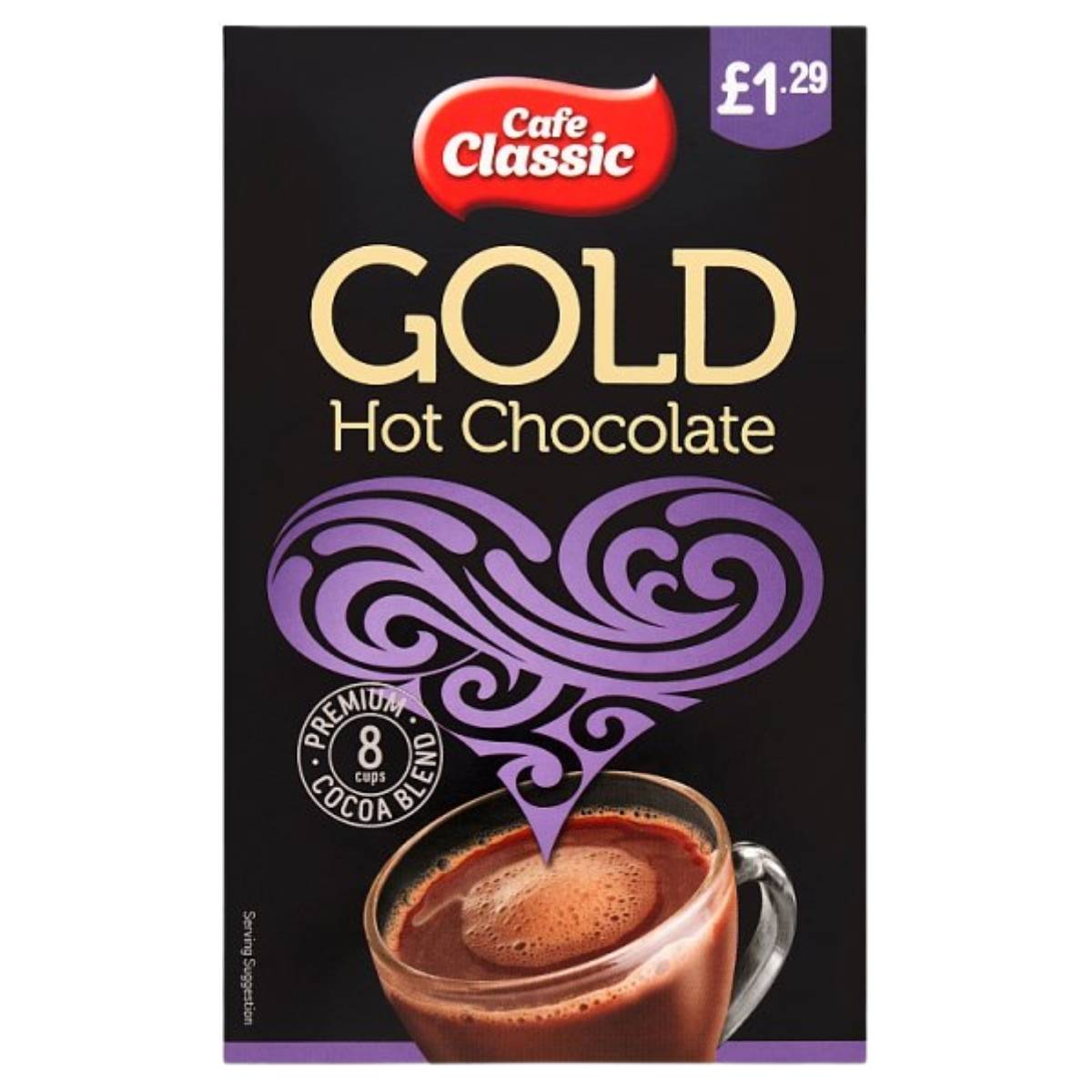 Cafe Classic Gold Hot Chocolate (8 x 25g) by Cafe Classic, shown with a mug featuring a purple heart and £1.29 label. Highlights include "8 cups" and "premium cocoa blend.