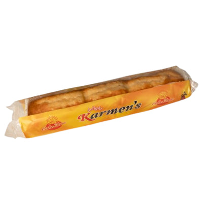 A packaged loaf of bread in clear wrapping with a bright yellow-orange paper band around it. The band shows the brand name 'Karmen's' in red script and 'White' in smaller text, photographed on a plain white background.