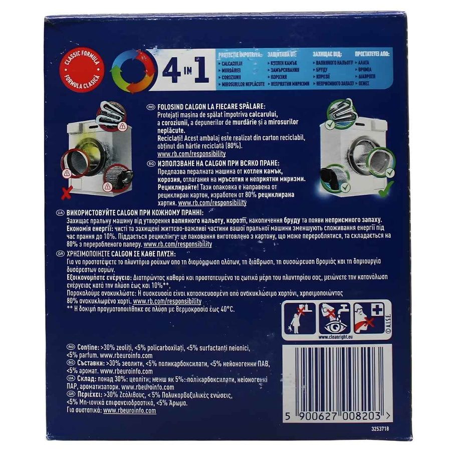 Back of a Calgon Original 4 In 1 Limescale Protection Powder (500g) box with multilingual instructions, warnings, and illustrations, emphasizing powerful limescale protection from Calgon.