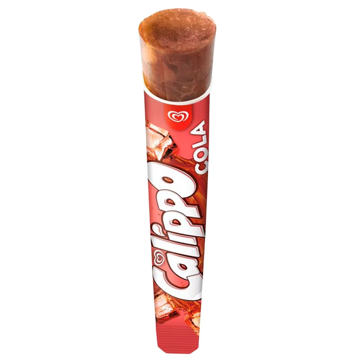 A Calippo Cola Ice Lolly, 105ml, in its branded tube-shaped packaging with the frozen cola treat partially pushed up.