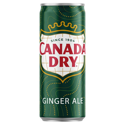 A single can of Canada Dry Ginger Ale on a plain white background. The can is dark green with gold decorative swirls and dotted lines, featuring the red and white Canada Dry logo and silver metal rims at the top and bottom.