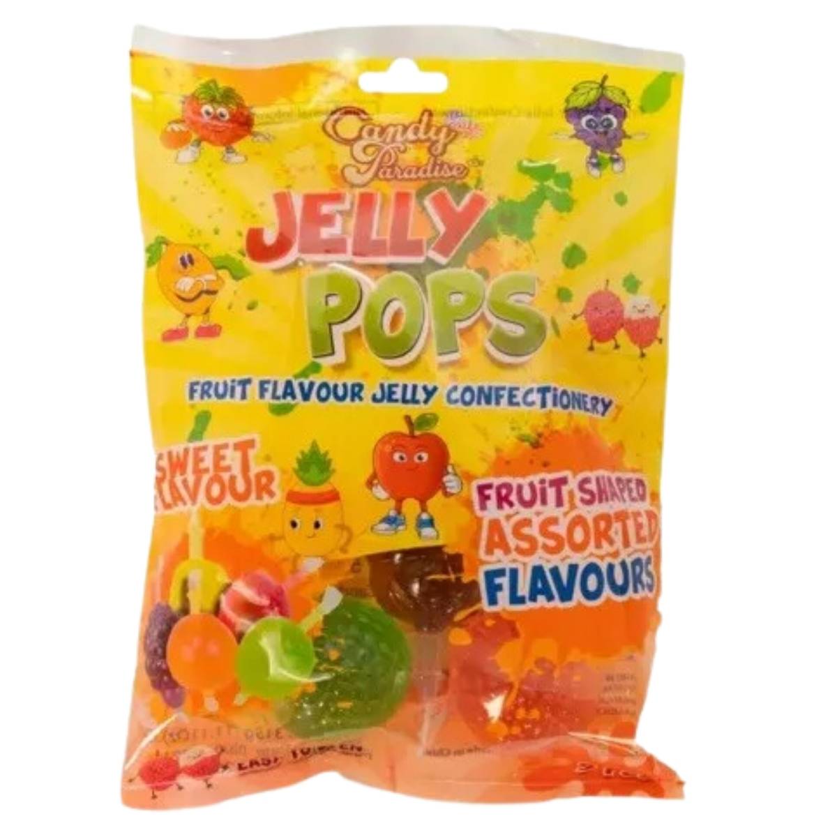 A package of Candy Paradise - Jelly Pops Fruit Flavour Confectionery, containing assorted fruit-shaped jellies, comes in colorful packaging adorned with cartoon fruit characters.