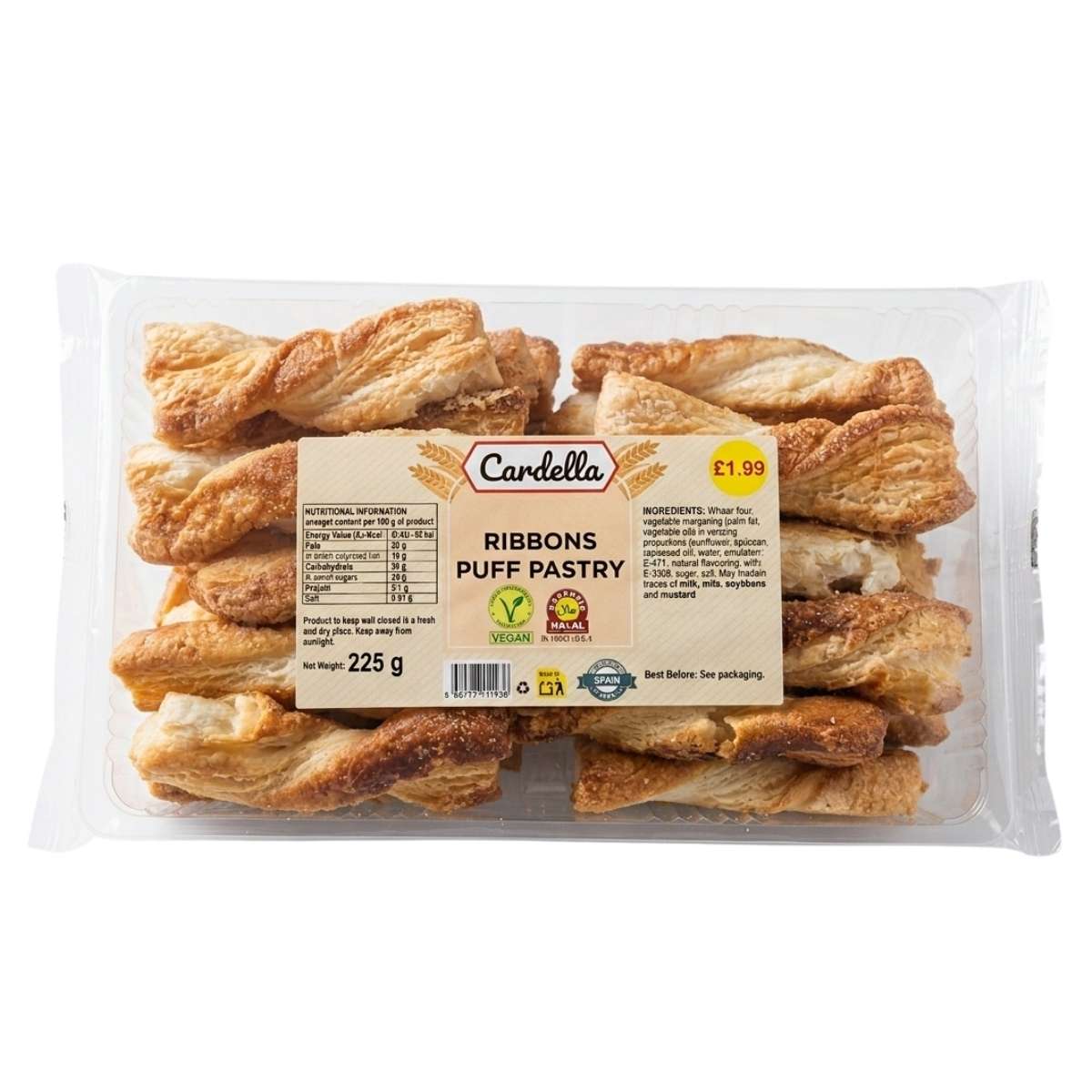 Packaged ribbons 225g puff pastry with Cardella branding on a white background