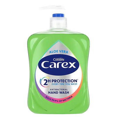 Carex Aloe Vera Antibacterial Hand Wash 250ml with pump dispenser kills 99.9% of bacteria, provides 2-hour protection, and contains soothing aloe vera for effective hand cleaning.
