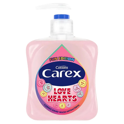 Carex - Love Hearts Antibacterial Hand Wash 250ml offers gentle cleansing and germ protection with a fun pink liquid and a love heart candy-themed label.