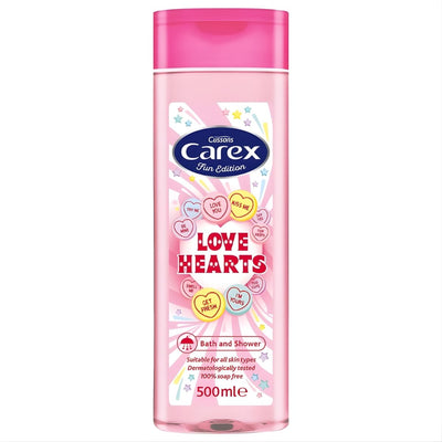 The Carex - Love Hearts Shower Gel - 500ml features heart graphics on the label and offers a fun, nourishing bath and shower experience from the Carex brand.