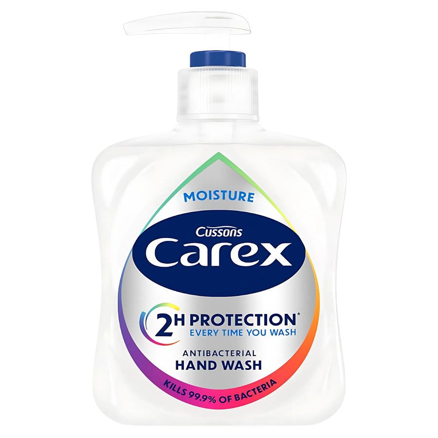 Carex Moisture Antibacterial Hand Wash 250ml has a pump dispenser, offers 2H Protection, kills 99.9% of bacteria, and keeps your hands soft with its moisturizing formula.