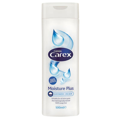 Carex - Moisture Plus Shower Cream (500ml) is a moisturizing shower cream ideal for hydrated skin, packaged in a white bottle with blue water droplet graphics and detailed product info on the label.