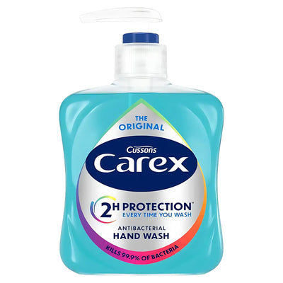 Carex Original Hand Wash 250ml with pump dispenser kills 99.9% of bacteria and offers 2-hour protection for effective antibacterial hand washing while caring for your skin.