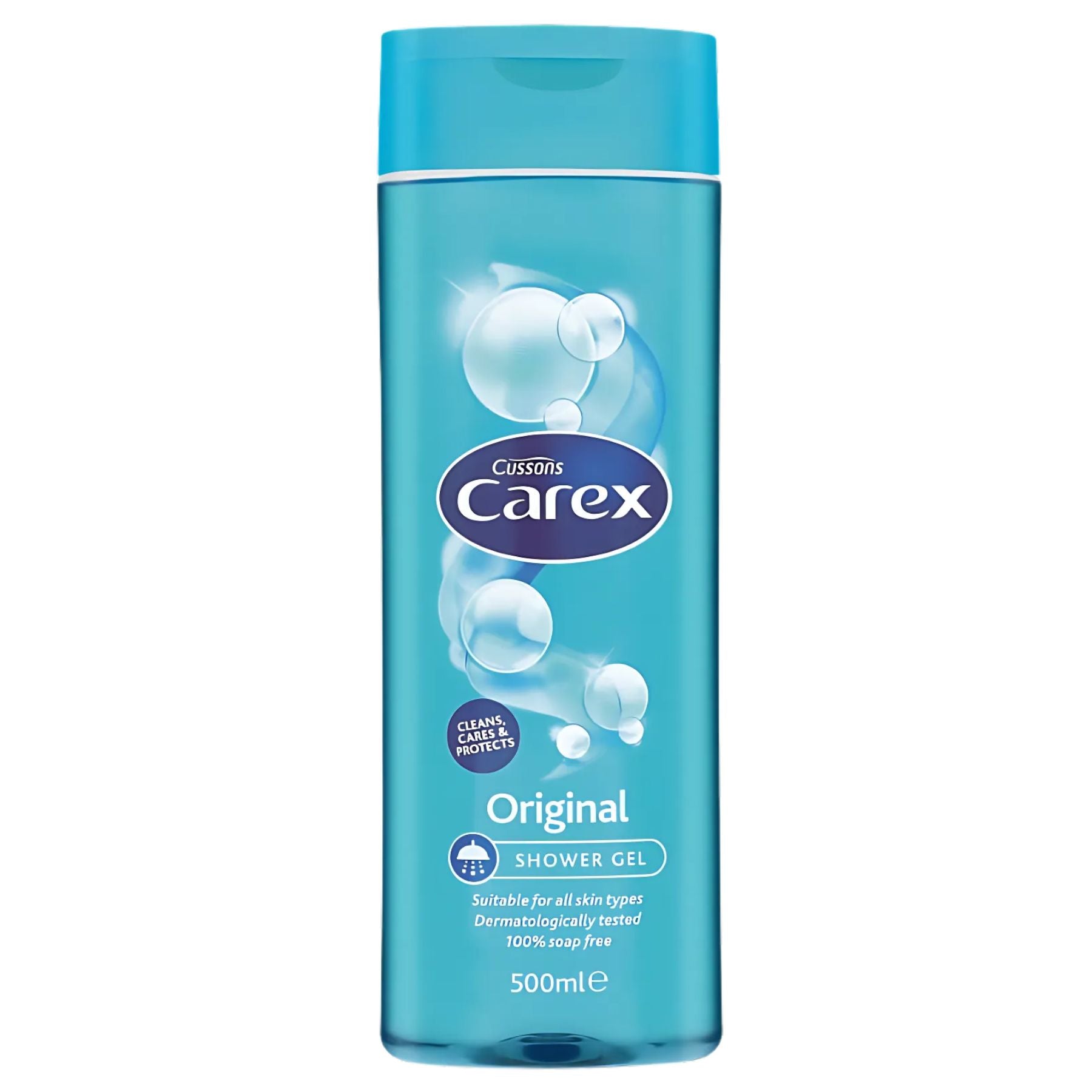 A 500ml blue bottle of Carex - Original Shower Gel, a moisturizing body wash featuring bubbles and the product name on the label.