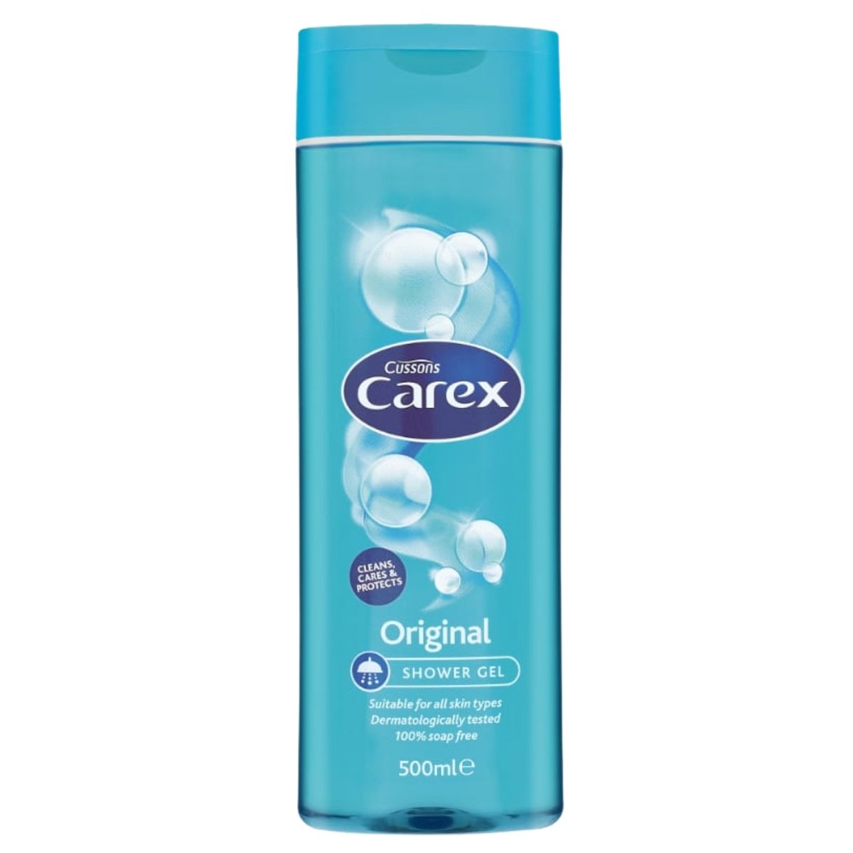 Carex Original Shower Gel (500ml) comes in a blue bottle with bubble design, is dermatologically tested, and suitable for all skin types to help maintain your skin’s moisture balance.