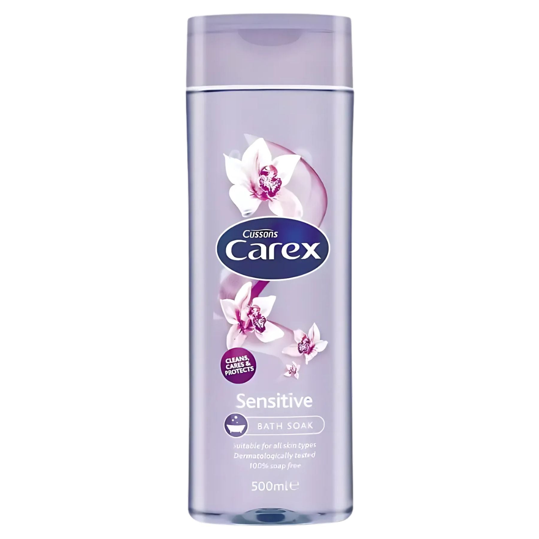 A 500ml Carex Sensitive Bath Soak, dermatologically tested for sensitive skin, in purple packaging with white flowers. Gently cleanses and cares for your skin.