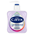 Carex - Sensitive Hand Wash in a light purple bottle with a pump dispenser, labeled “2H Protection” and formulated with glycerin and cocamidopropyl betaine.