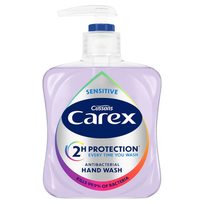 Carex - Sensitive Hand Wash in a light purple bottle with a pump dispenser, labeled “2H Protection” and formulated with glycerin and cocamidopropyl betaine.