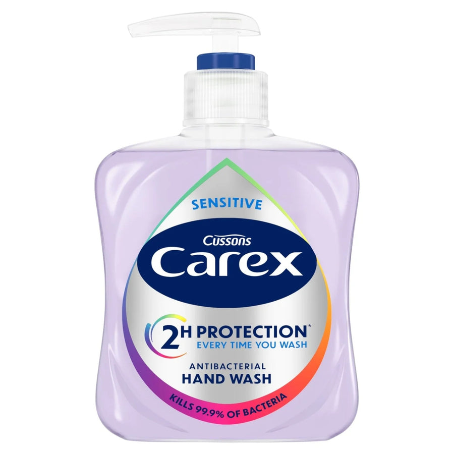 Carex - Sensitive Hand Wash in a light purple bottle with a pump dispenser, labeled “2H Protection” and formulated with glycerin and cocamidopropyl betaine.