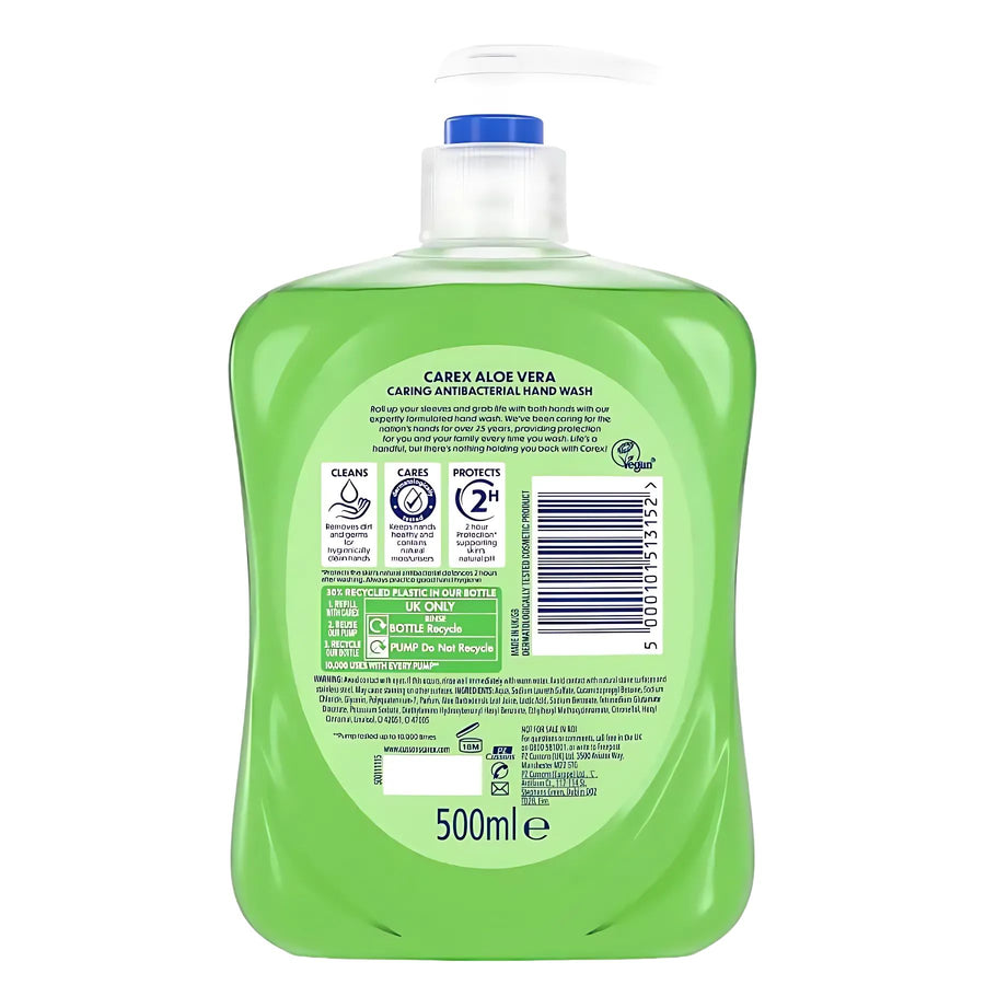 Back label of a 250ml Carex Aloe Vera Antibacterial Hand Wash bottle, showing product details, barcode, and recycling instructions.