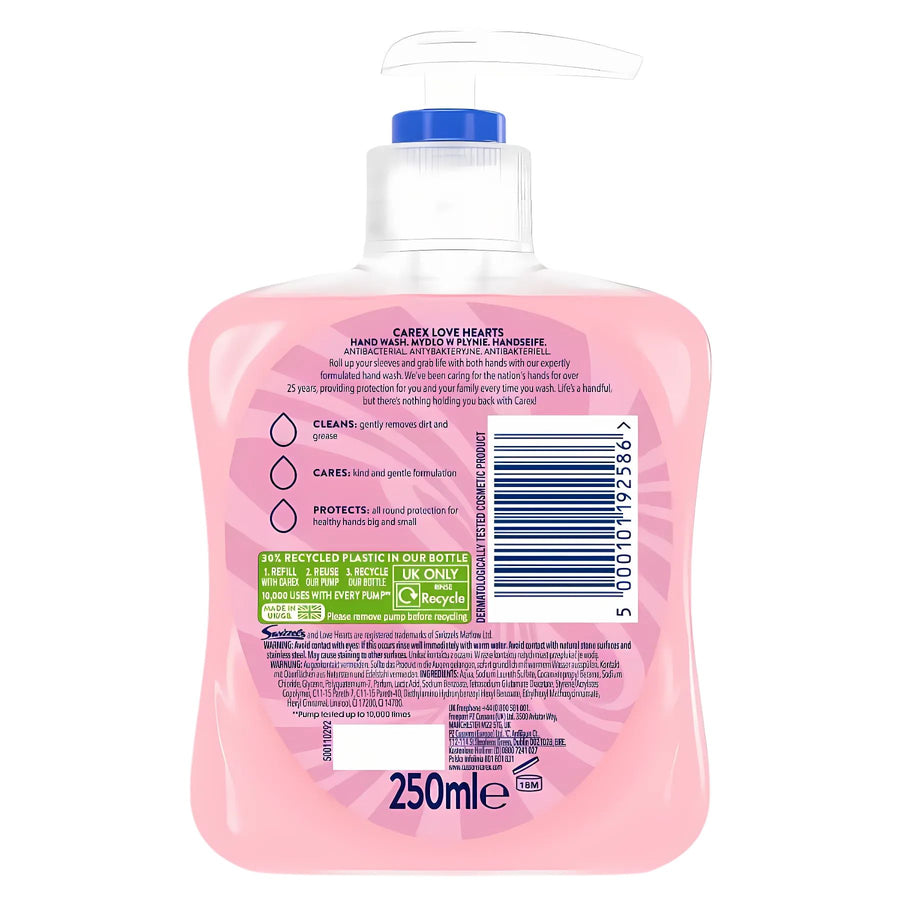 Back of a 250ml Carex - Love Hearts Antibacterial Hand Wash with pump shows product info, barcode, recycling details, and highlights antibacterial germ protection.
