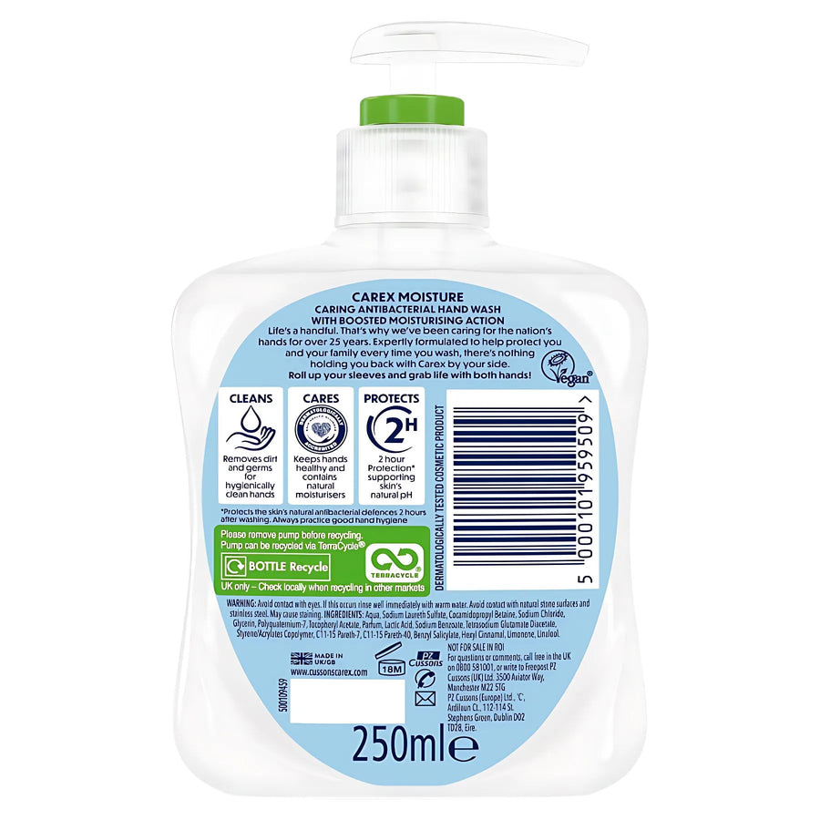Back view of a 250ml Carex - Moisture Antibacterial Hand Wash bottle with pump, showing product details, ingredients, instructions, barcode, and recycling symbols.