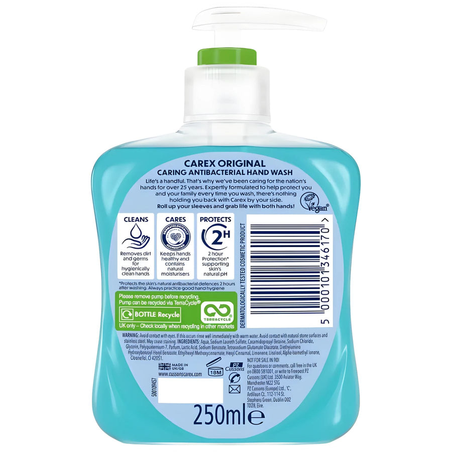 Back of a 250ml Carex - Original Hand Wash bottle with pump, showing antibacterial hand wash info, usage instructions, barcode, recycling details, and directions for this Carex Original Hand Wash.