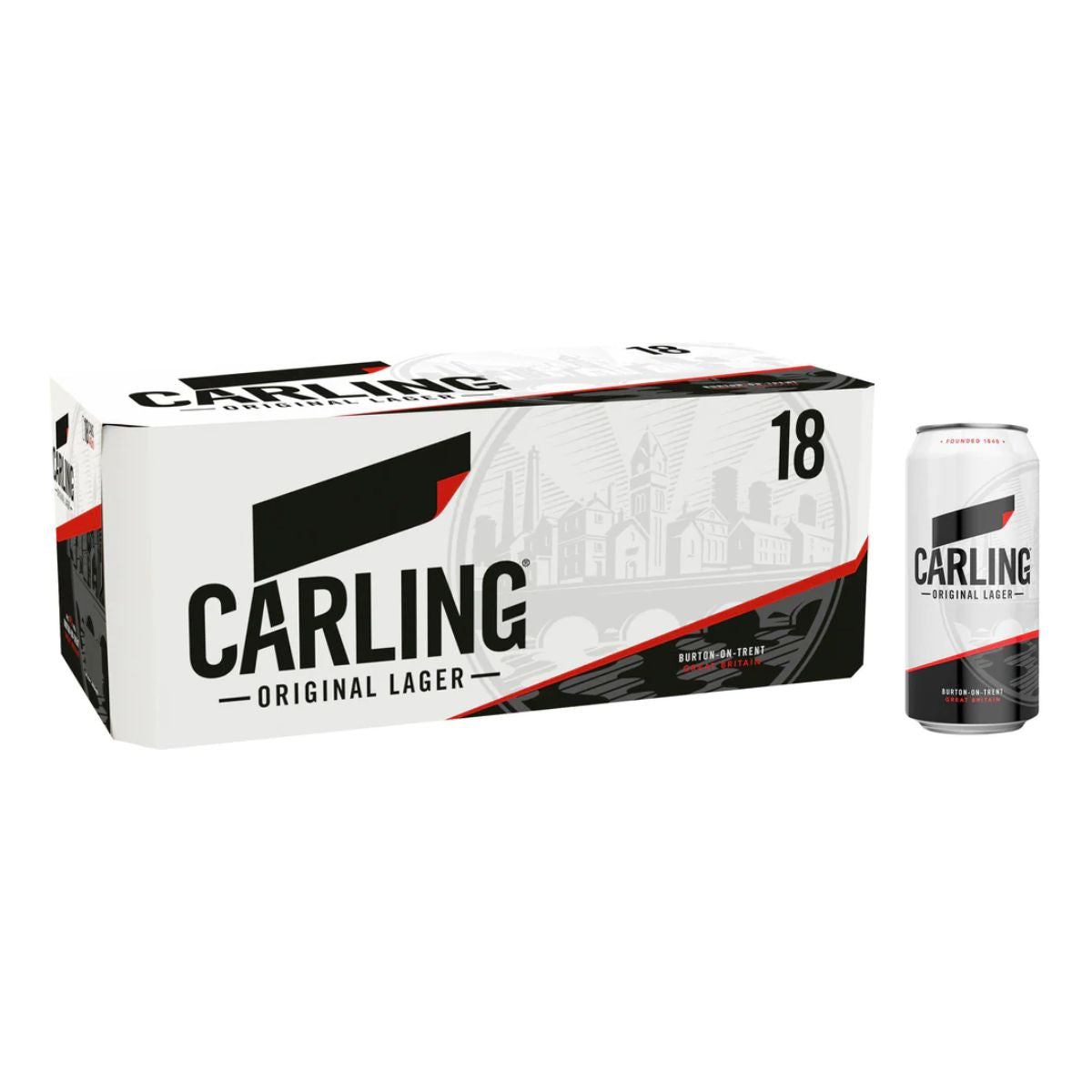 A pack of Carling - Lager Cans (4% ABV) - 18 x 440ml in front of a box.