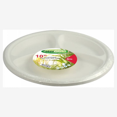 The Cater Gold 10" Disposable Plates, biodegradable and compostable, come in an 8-pack with a stylish design ideal for parties. Enjoy the convenience of disposable plates that impress guests while being eco-friendly.