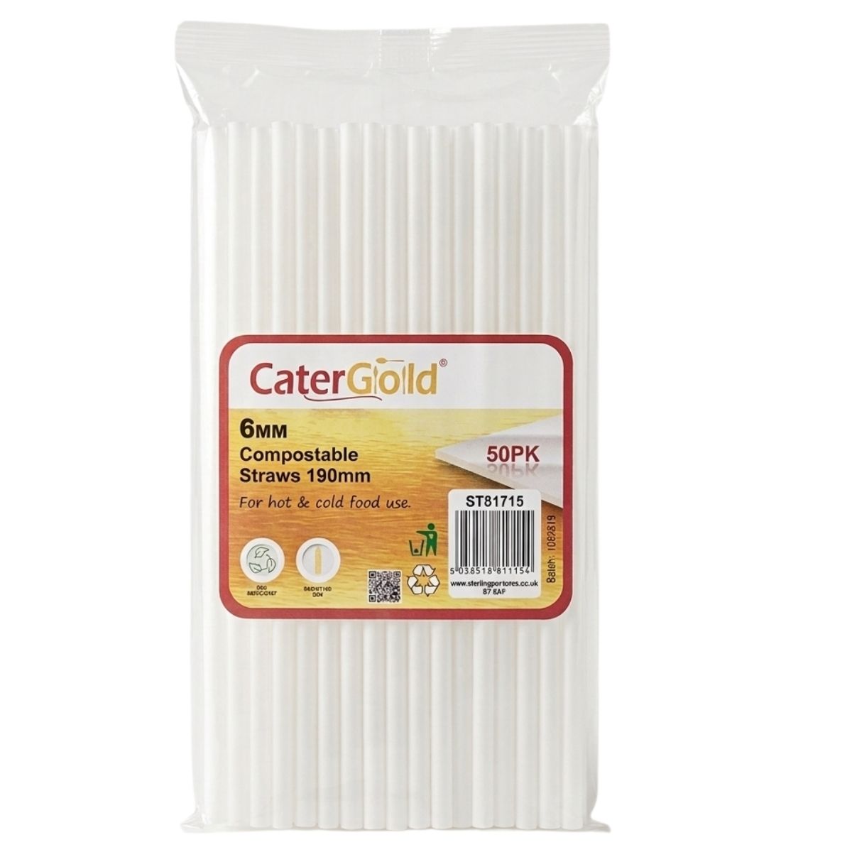 Pack of CaterGold compostable straws with a white background
