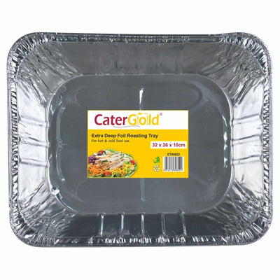 Rectangular silver disposable roasting tray by Cater Gold with a yellow label reading "Cater Gold - Extra Deep Foil Roasting Tray - 32 x 26 x 10cm" on the base.