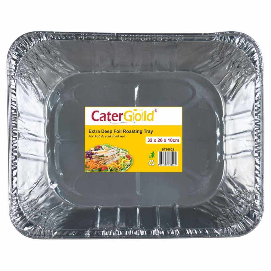 Rectangular silver disposable roasting tray by Cater Gold with a yellow label reading "Cater Gold - Extra Deep Foil Roasting Tray - 32 x 26 x 10cm" on the base.
