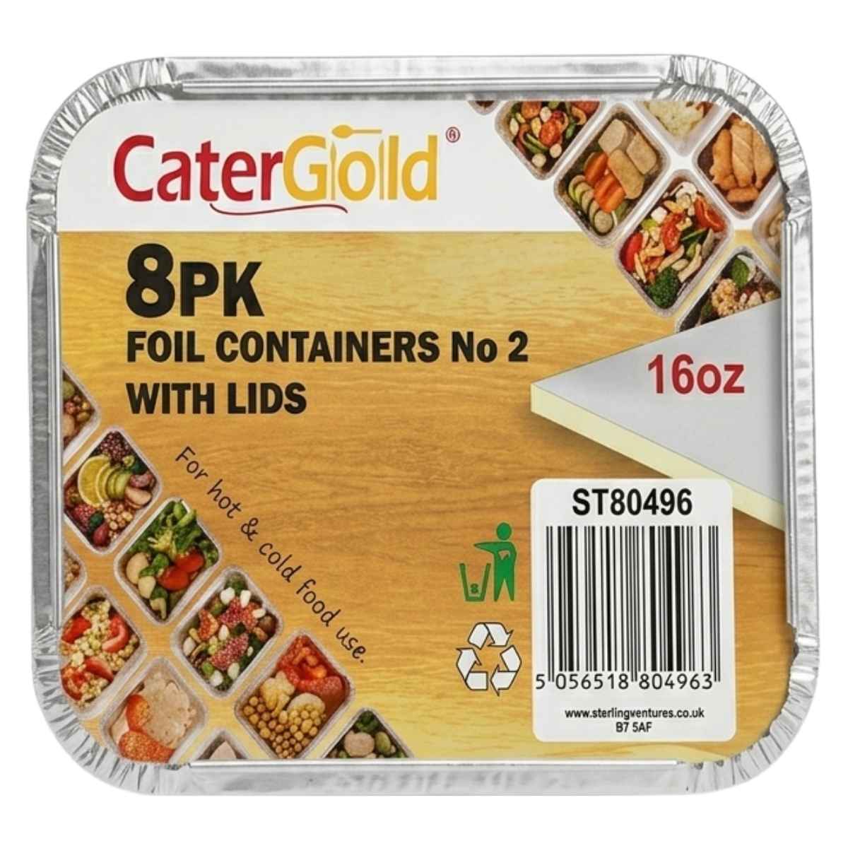 CaterGold foil containers packaging with food images and details.