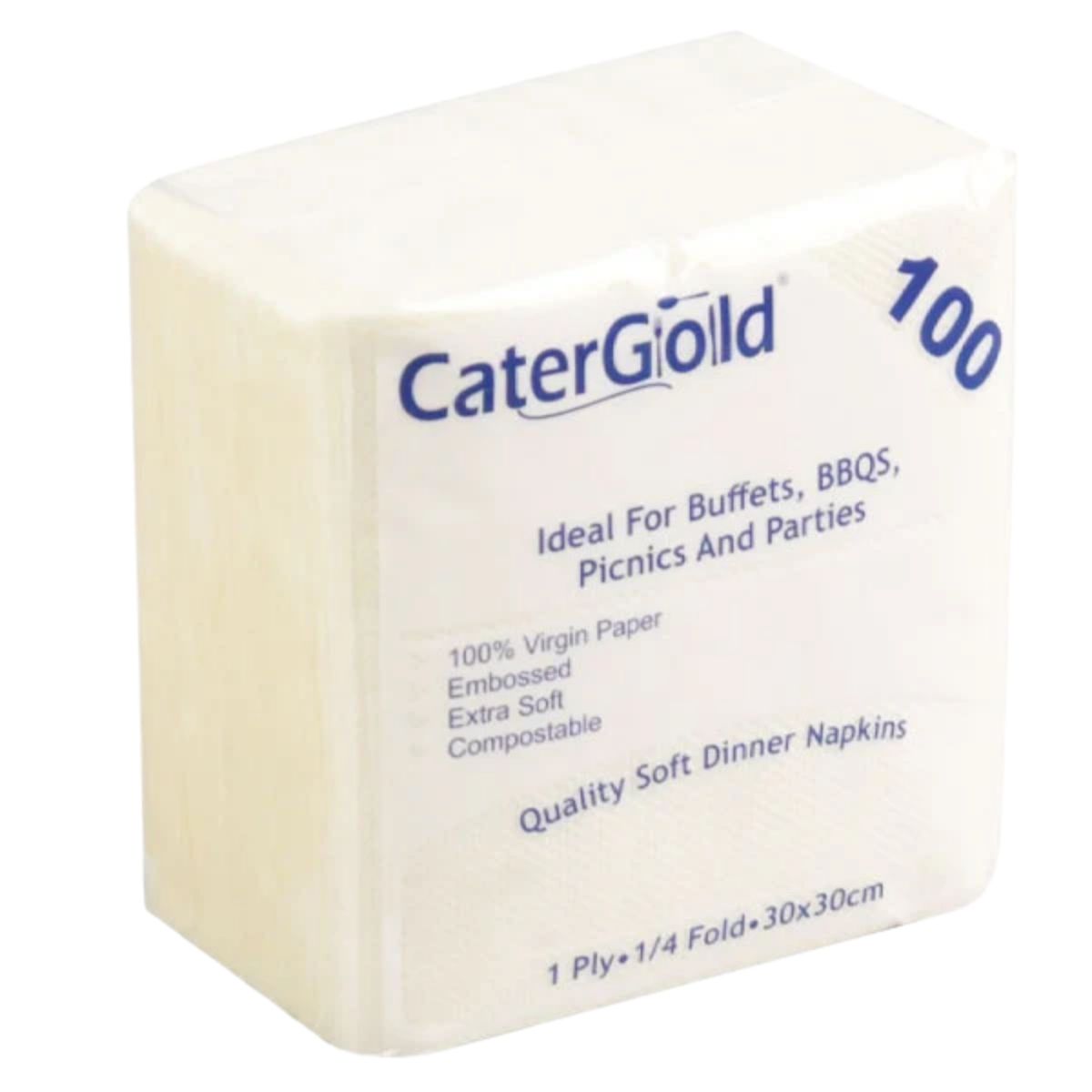 Block of CaterGold 100 dinner napkins with branding and product details on a white background